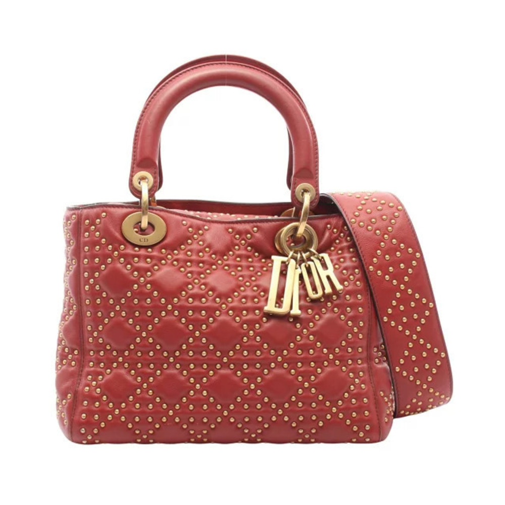 Christian Dior LADY Studded Handbag Leather Bordeaux Purple